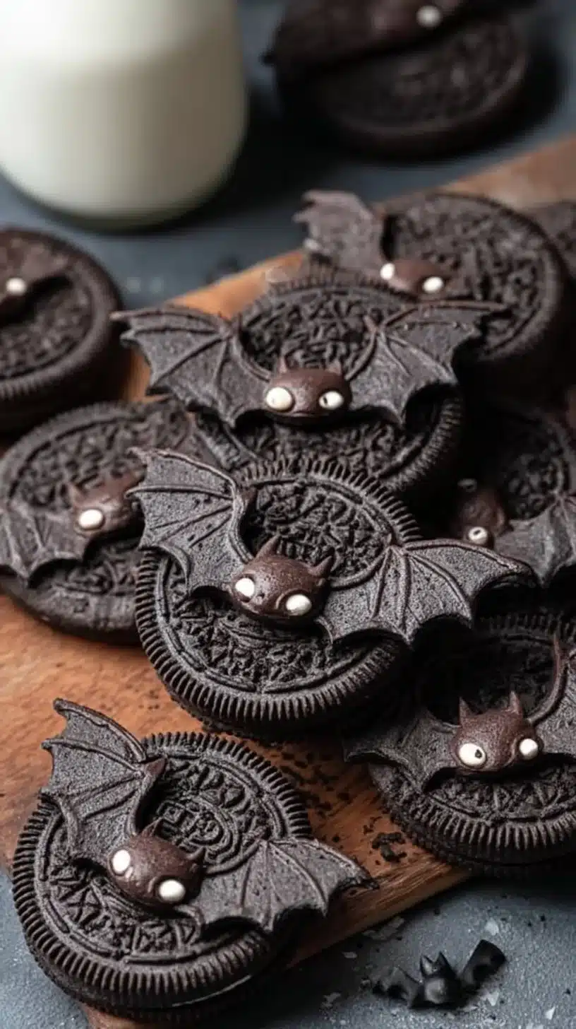 Delicious Bat Oreos decorated for Halloween