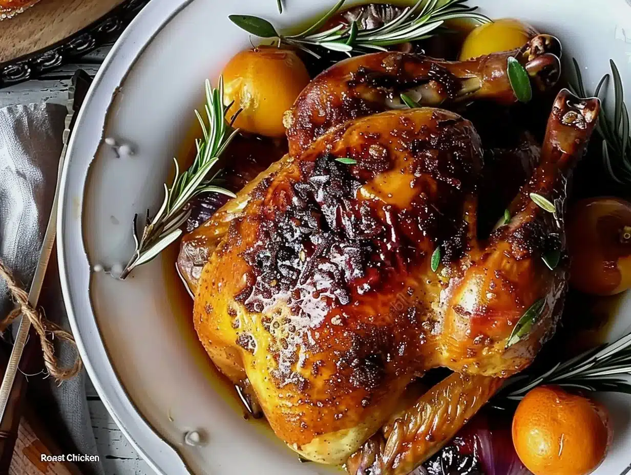 Cider brined roast chicken garnished with herbs on a serving plate.