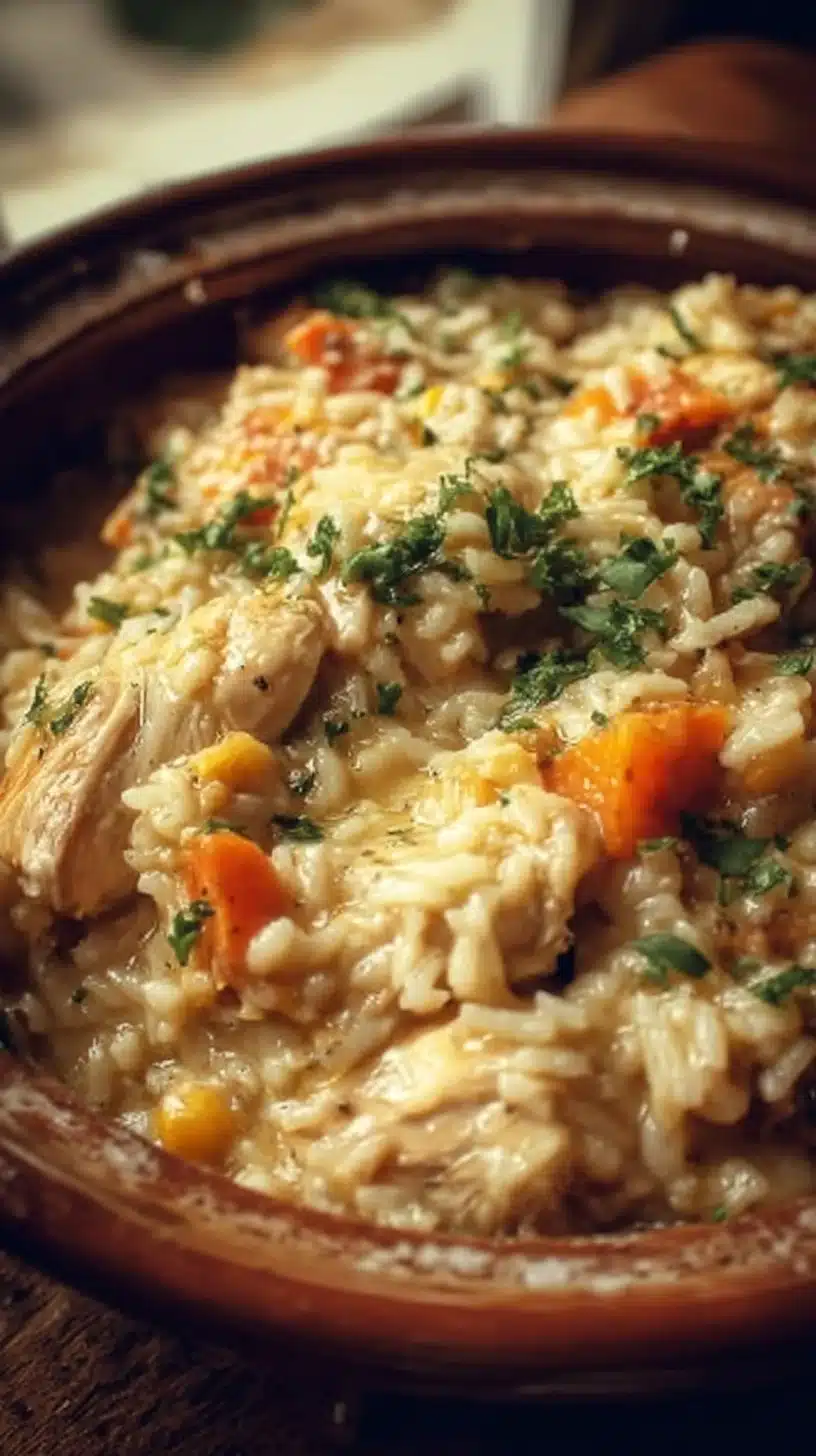 Delicious Crockpot Chicken and Rice served in a bowl
