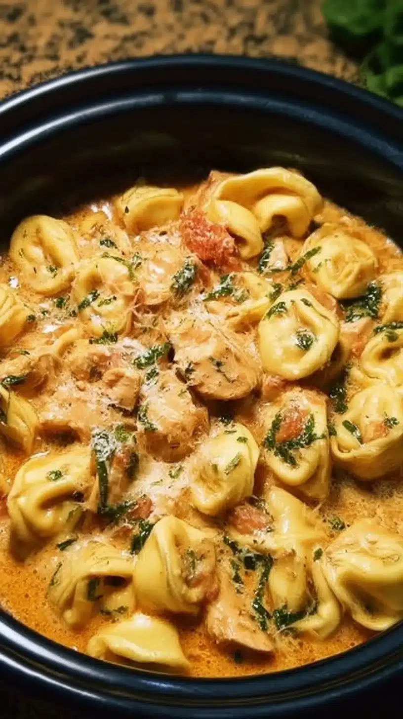 CrockPot Chicken Tortellini dish with creamy sauce and fresh ingredients