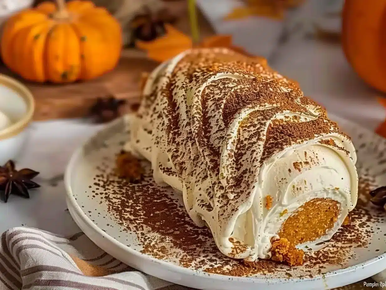 Fall Pumpkin Spice Roll Cake 1 Delicious fall pumpkin spice roll cake with cream cheese frosting