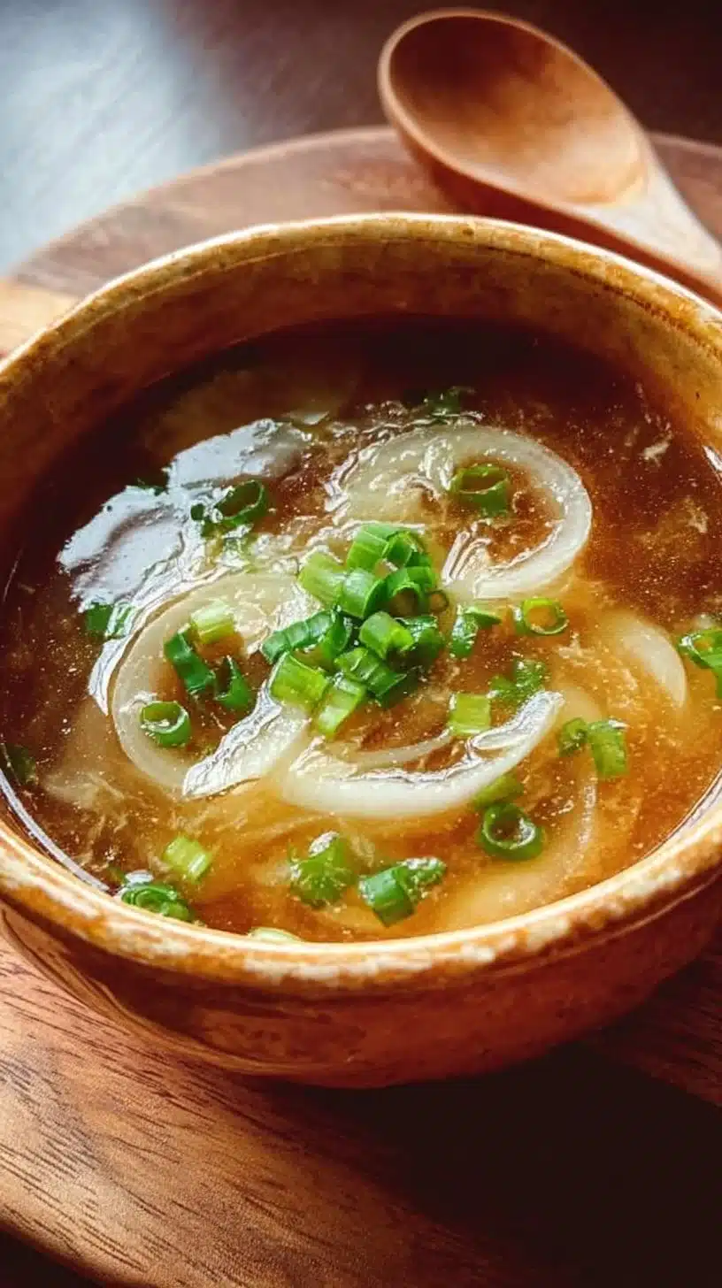 Delicious bowl of Japanese onion soup with garnishes