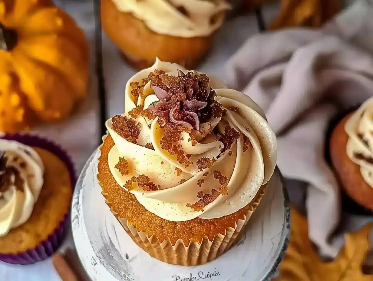 Delicious pumpkin cupcakes topped with creamy frosting and pumpkin seeds.
