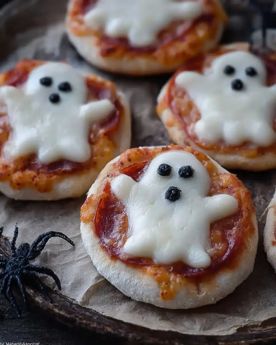 Spooktacular mini ghost pizzas on a baking tray, ready for Halloween celebrations.