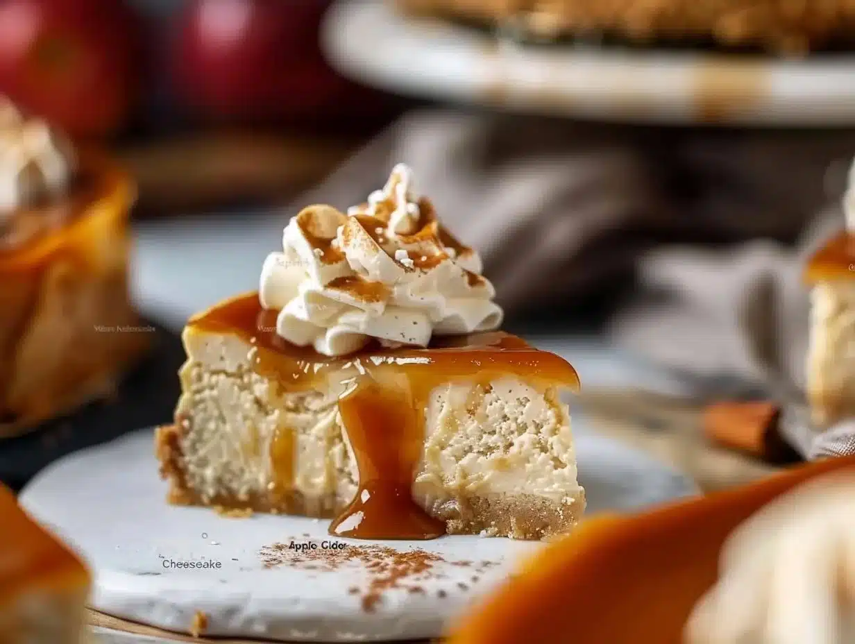 Apple Cider Cheesecake 1 Delicious Apple Cider Cheesecake topped with cinnamon and apple slices.