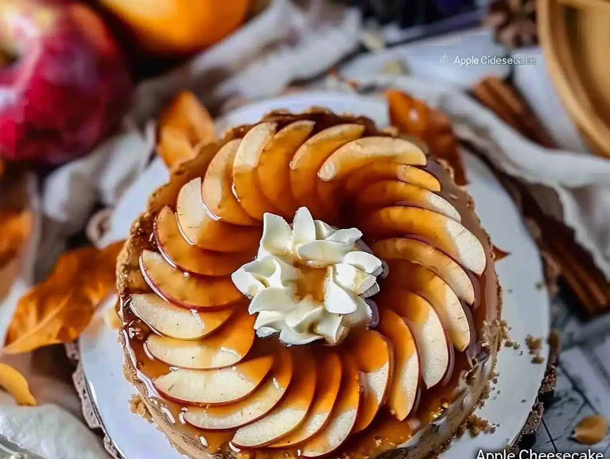 Slice of delicious Apple Cider Cheesecake topped with whipped cream and apple slices