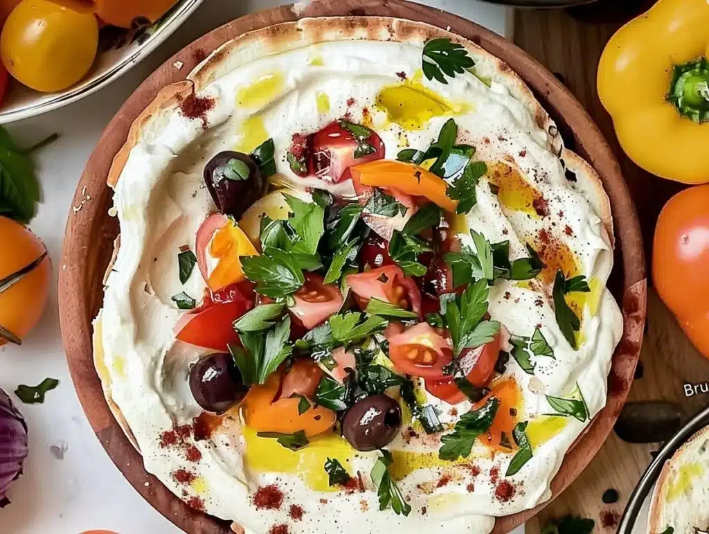 Delicious bruschetta dip served with crusty bread and fresh vegetables.