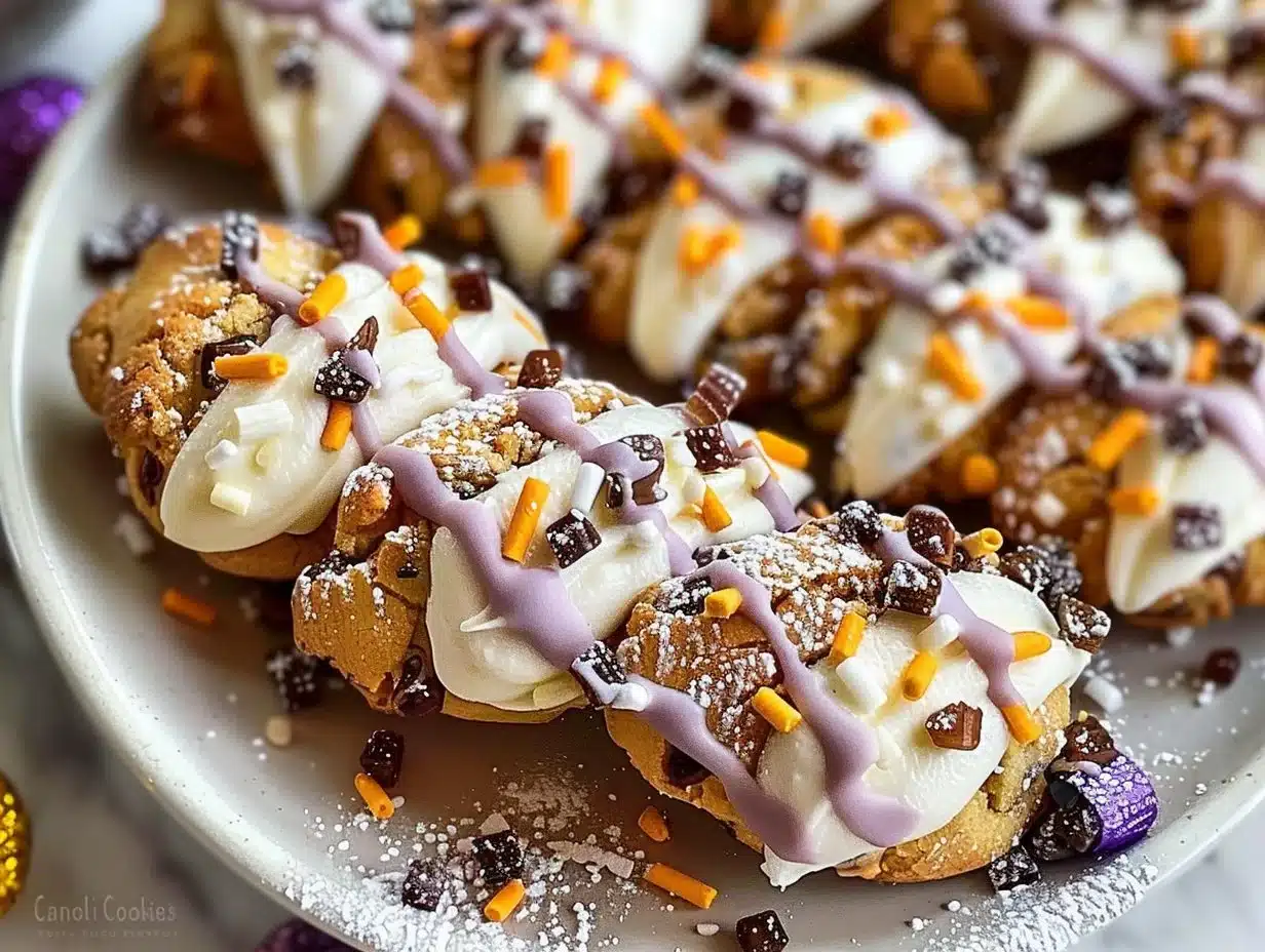 A plate of delicious cannoli cookies with a dusting of powdered sugar.
