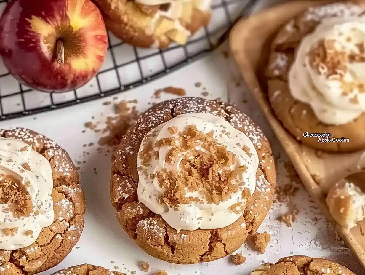 Cheesecake-Stuffed Apple Cider Cookies 1 Cheesecake-stuffed apple cider cookies on a plate, perfect for fall desserts.