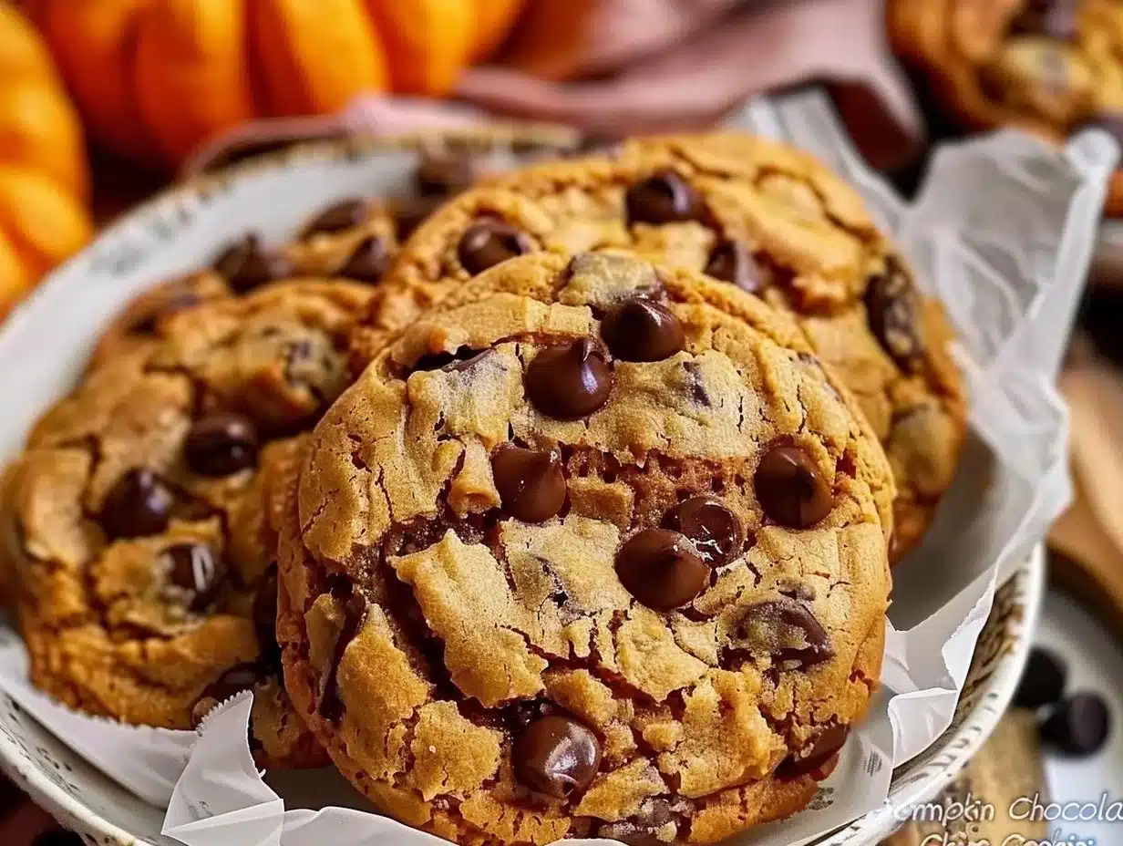 Chewy Pumpkin Chocolate Chip Cookies 1 Chewy pumpkin chocolate chip cookies with chocolate chips and pumpkin spice.