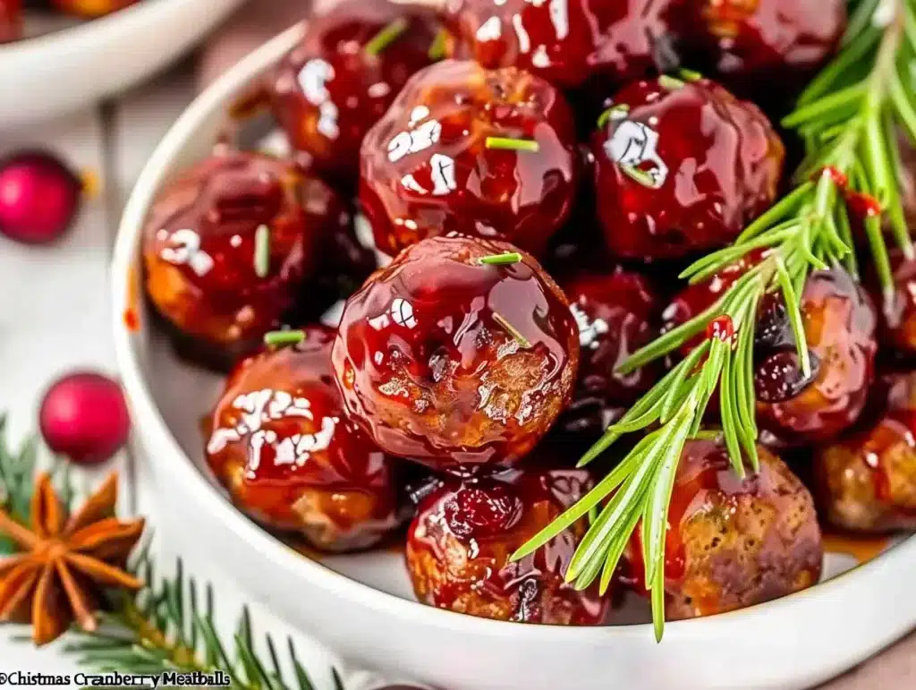 Delicious Christmas Cranberry Meatballs served on a festive platter
