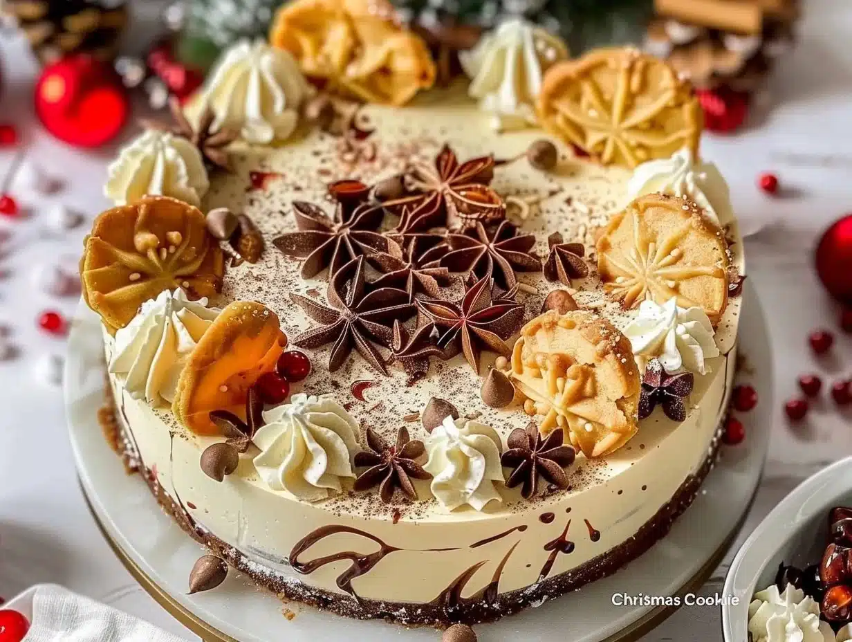 Delicious homemade Christmas sugar cookie cheesecake topped with festive decorations