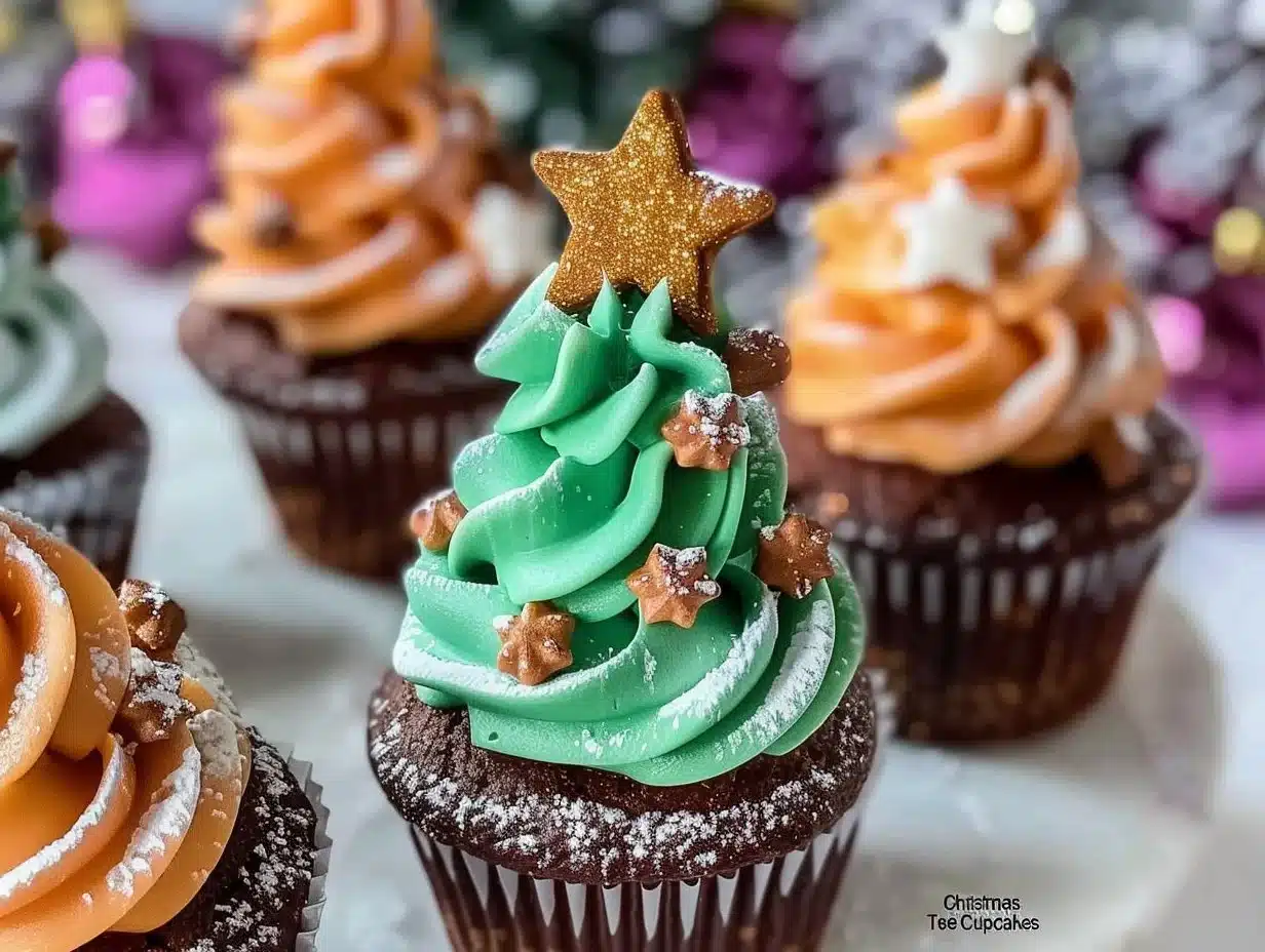 Delicious Christmas Tree Cupcakes decorated with green frosting and sprinkles