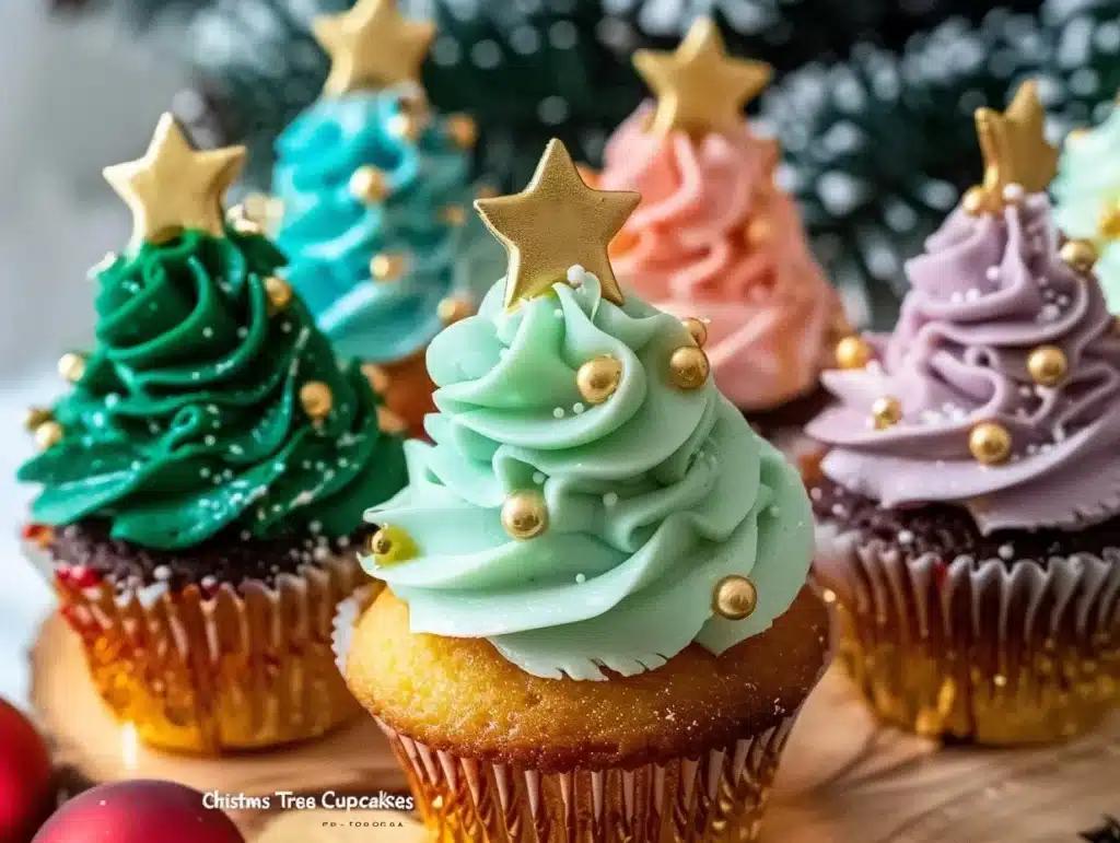 Festively decorated Christmas Tree Cupcakes for the holiday season