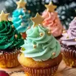 Festively decorated Christmas Tree Cupcakes for the holiday season