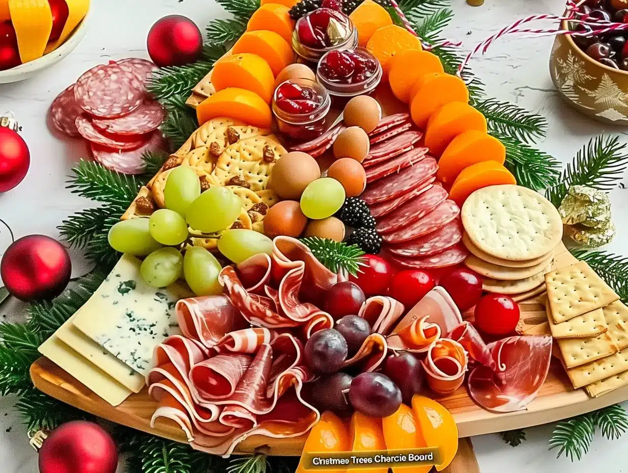 Christmas Tree shaped charcuterie board with cheeses, meats, and festive decorations