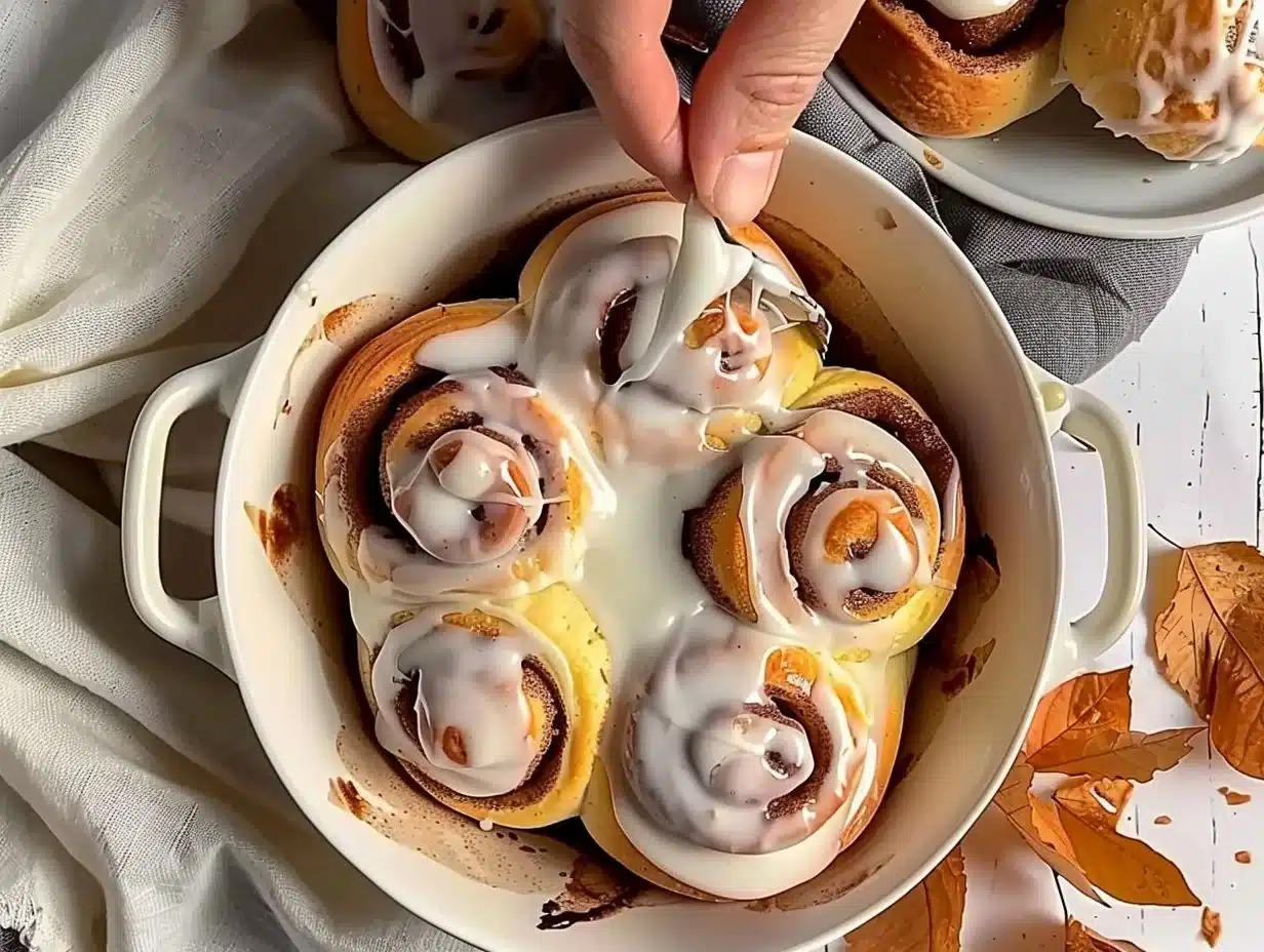 Freshly baked cinnamon rolls topped with creamy icing