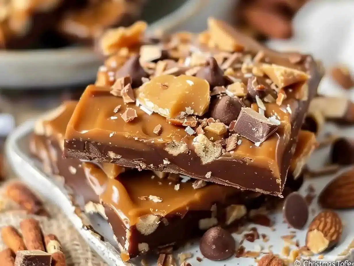 Classic Christmas Toffee 1 Delicious Classic Christmas Toffee pieces on a festive plate.