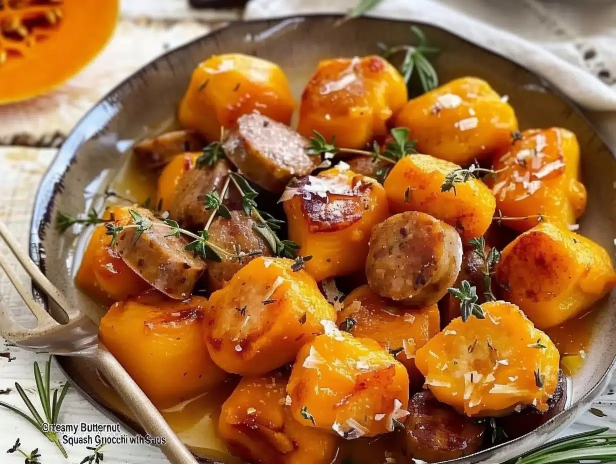 Creamy butternut squash gnocchi topped with sausage in a rich sauce.