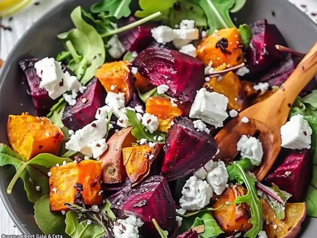 Creamy roasted beet salad with sweet potato and feta on a rustic table