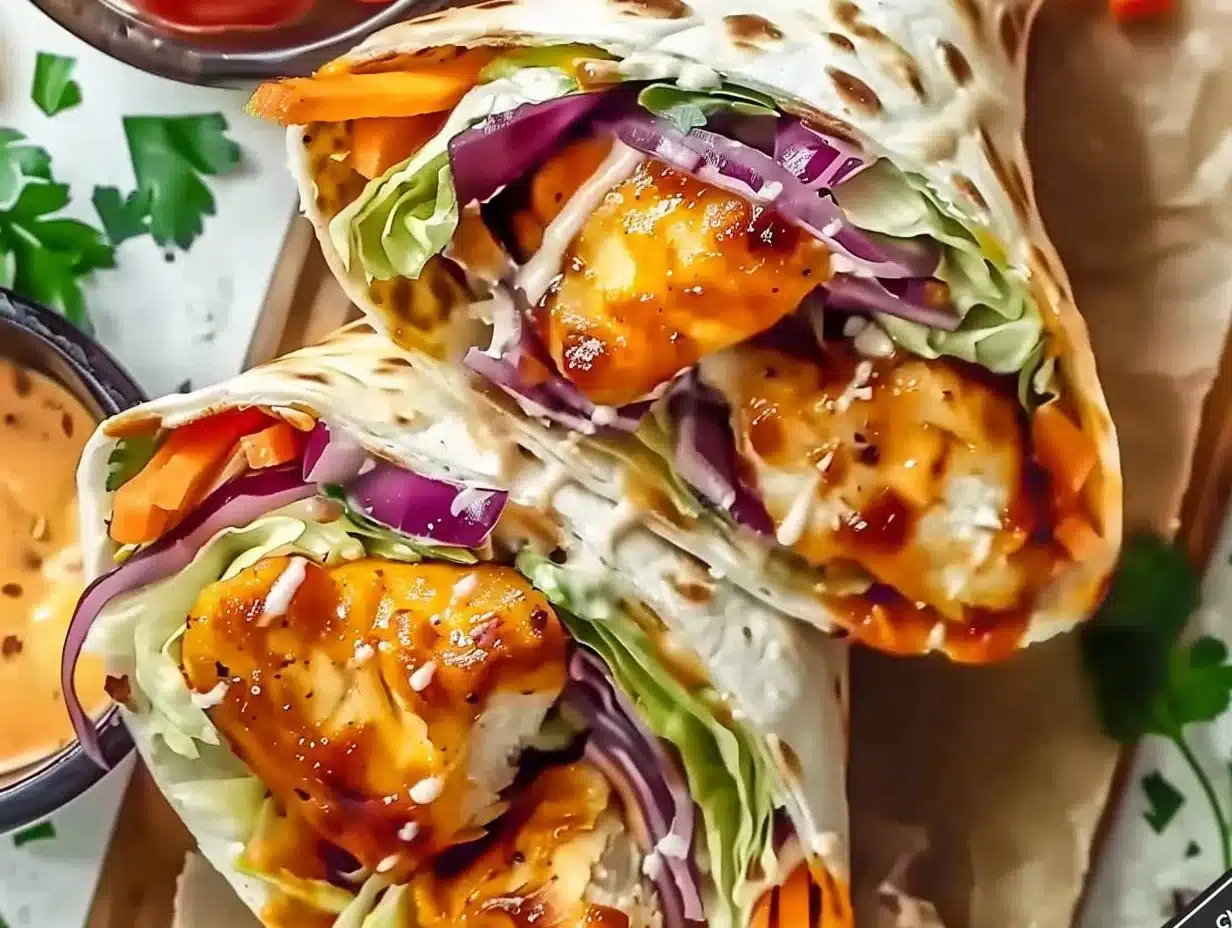 Crispy Air Fryer Chicken & Mozzarella Wraps 1 Crispy air fryer chicken wraps with mozzarella cheese, plated and ready to enjoy.