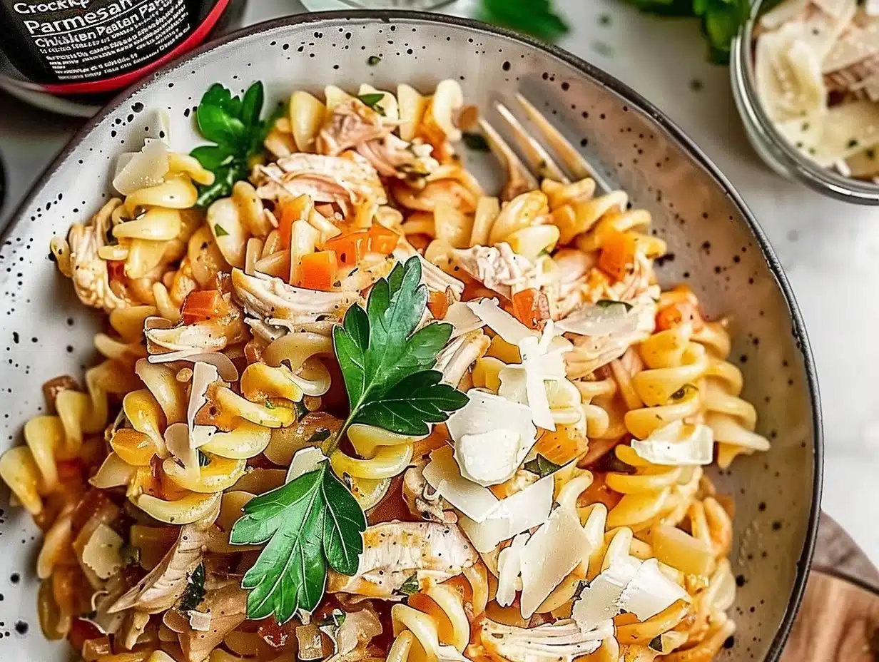 Crockpot Garlic Parmesan Chicken Pasta 1 Crockpot Garlic Parmesan Chicken Pasta served with herbs and cheese