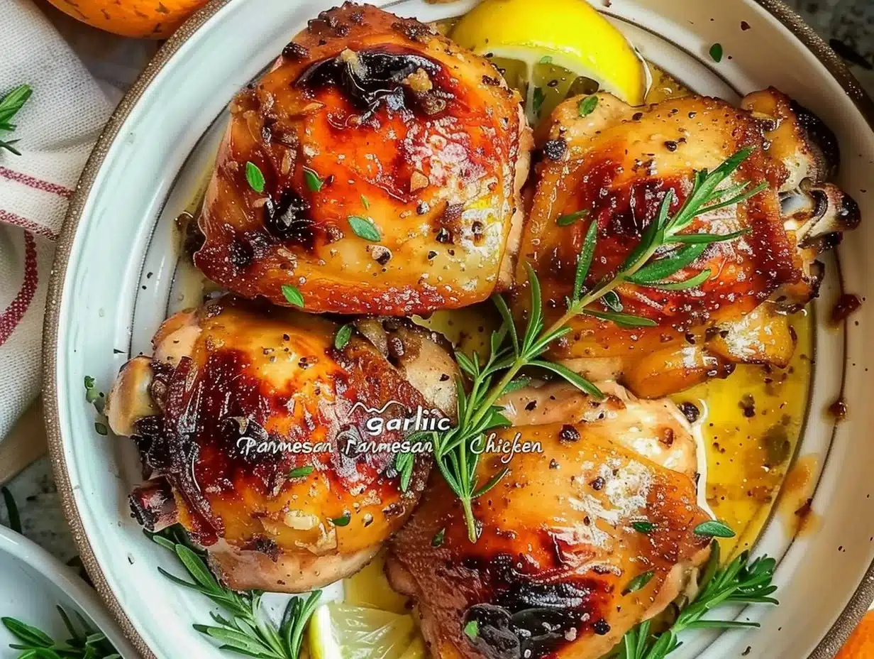Crockpot Garlic Parmesan Chicken Thighs served hot with herbs and spices