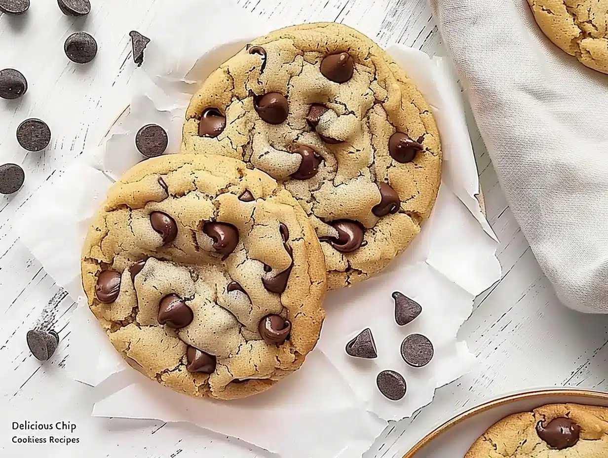 Freshly baked chocolate chip cookies on a cool rack