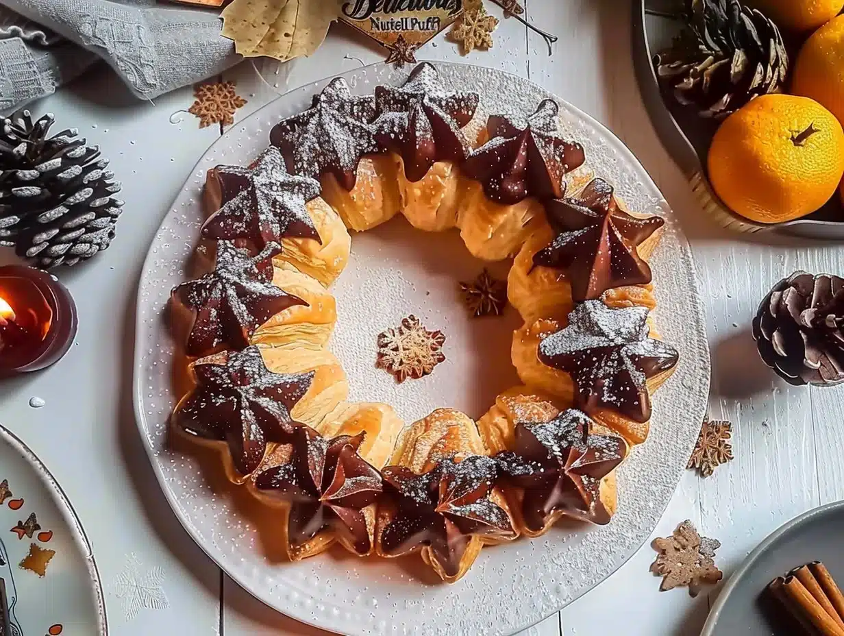 Delicious Nutella Puff Pastry Star Wreath 1 Nutella puff pastry star wreath decorated for a festive occasion