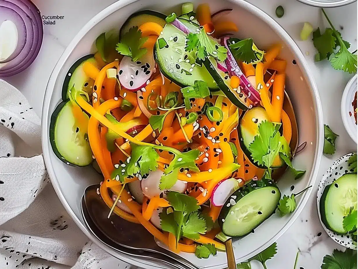 Easy Asian Cucumber Salad 1 Fresh Asian cucumber salad with colorful vegetables and sesame dressing