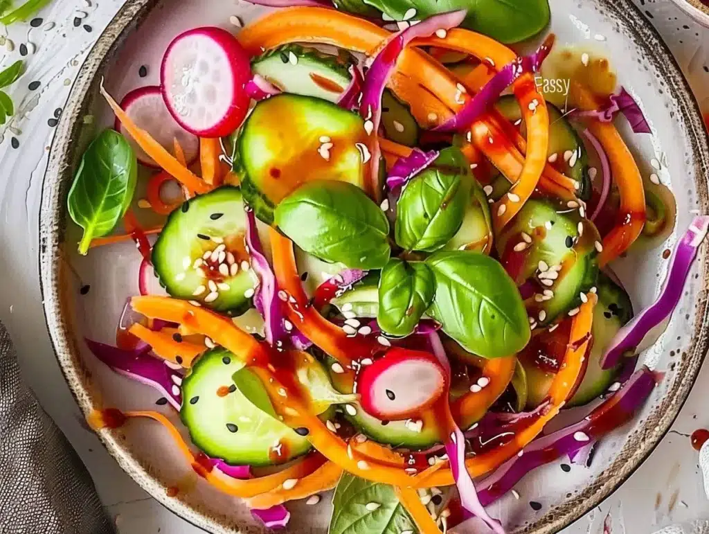 Bowl of easy Asian cucumber salad garnished with sesame seeds and fresh herbs