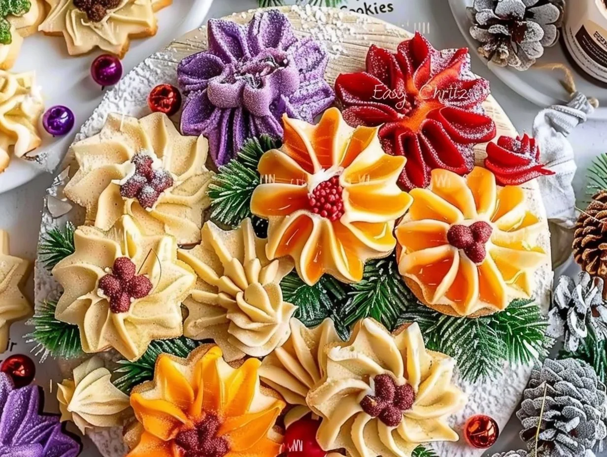 Easy Christmas Spritz Cookies decorated with colorful sprinkles on a festive plate