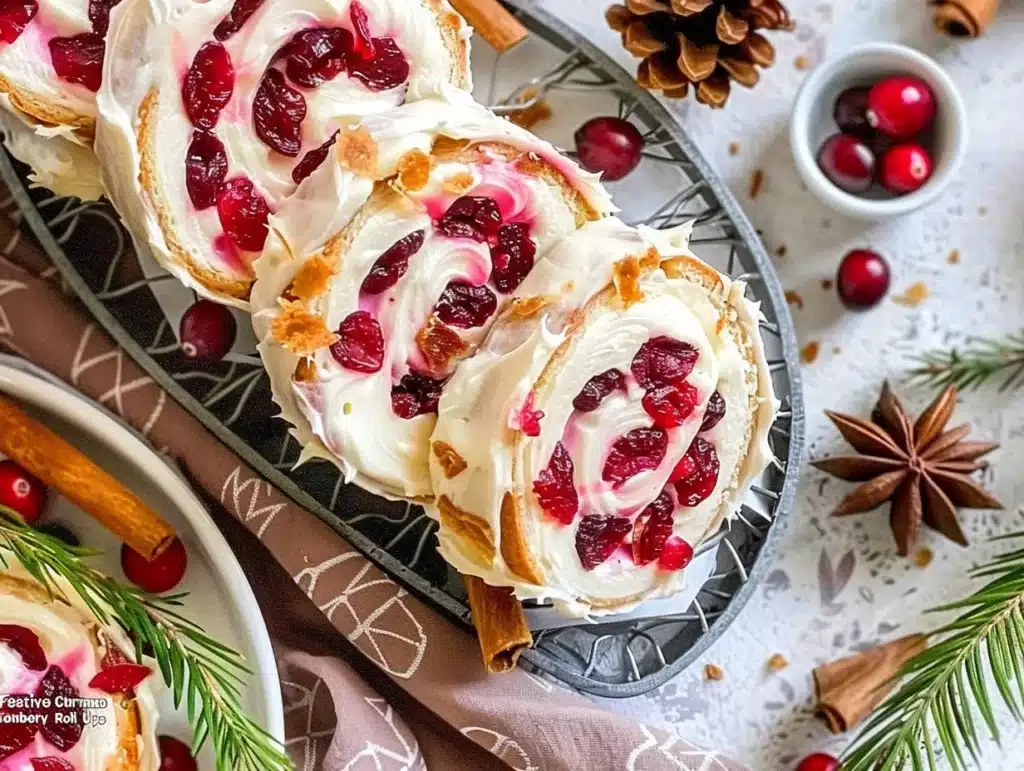 Festive Christmas Cranberry Roll Ups served on a holiday platter