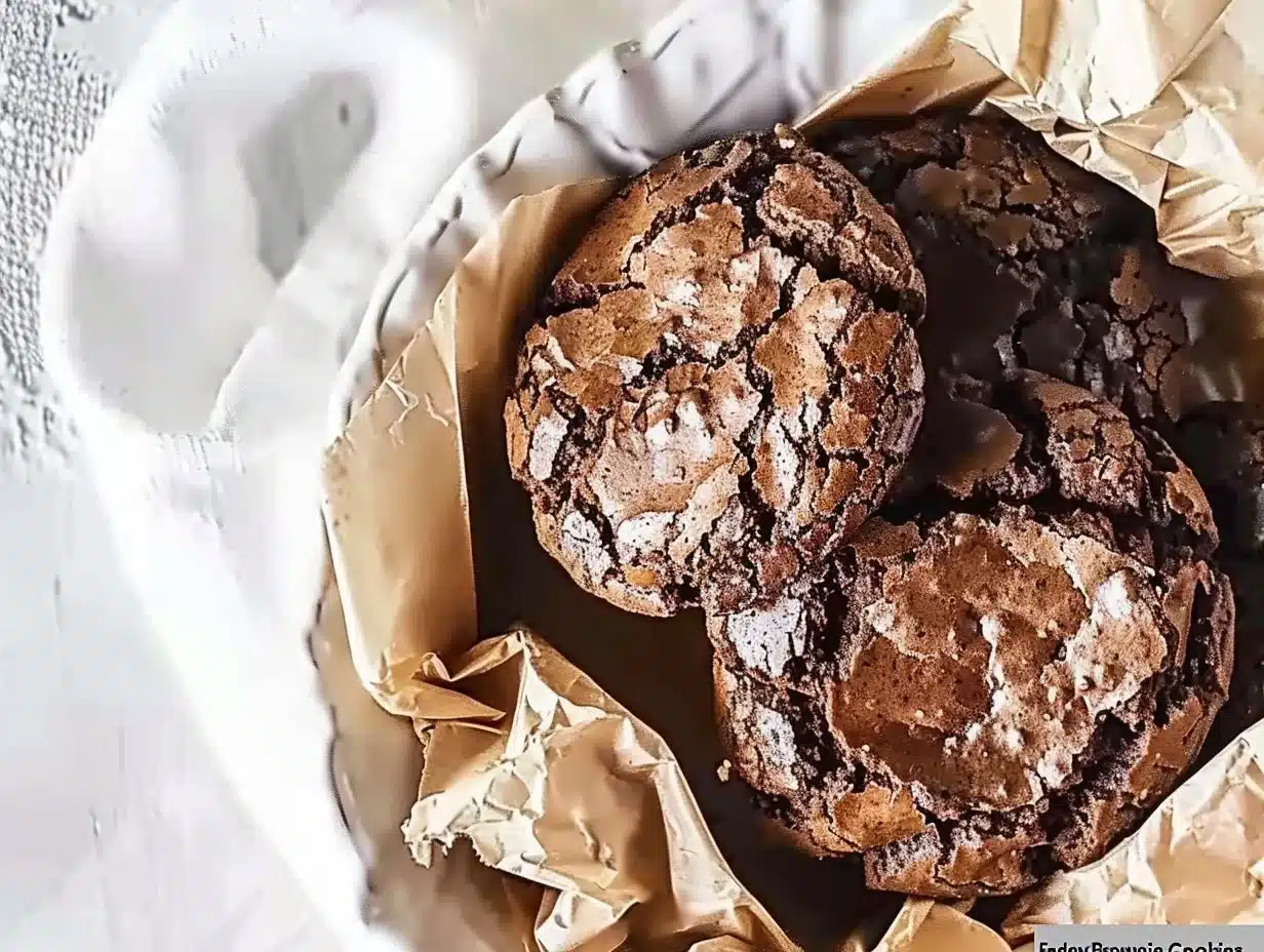 Fudgy brownie cookies stacked on a plate, showcasing a rich chocolate texture.
