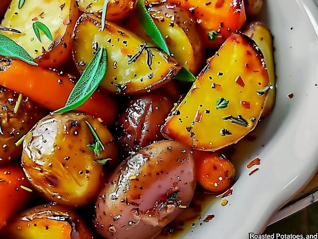 Garlic Herb Roasted Potatoes, Carrots, and Zucchini 1 Garlic herb roasted potatoes, carrots, and zucchini on a serving dish