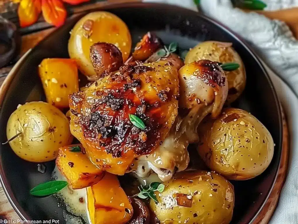 Garlic Parmesan Chicken and Potatoes cooking in a crockpot.