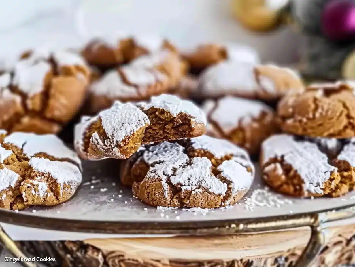 Freshly baked gingerbread crinkle cookies with powdered sugar on top