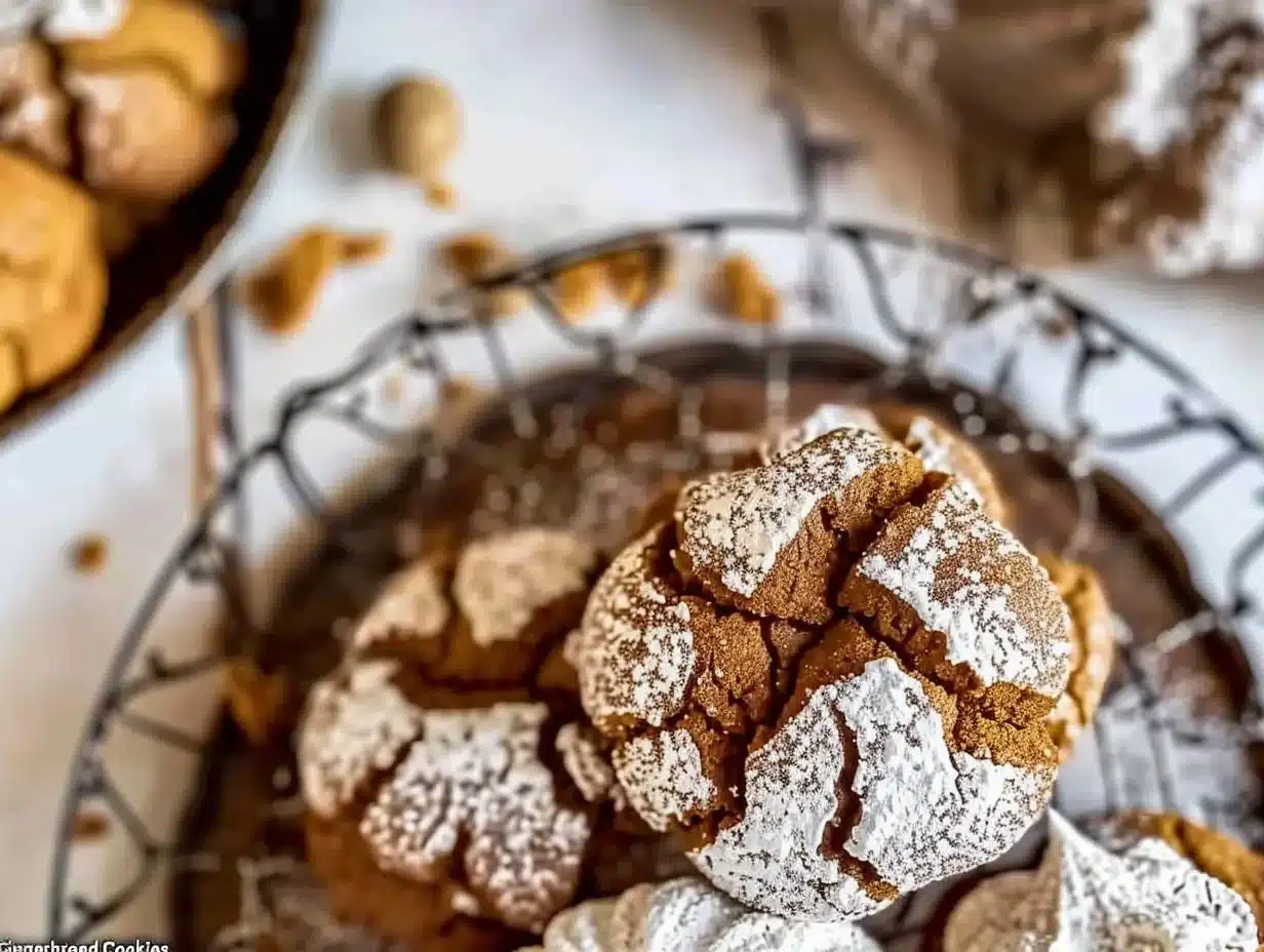 Delicious Gingerbread Crinkle Cookies dusted with powdered sugar on a cooling rack.