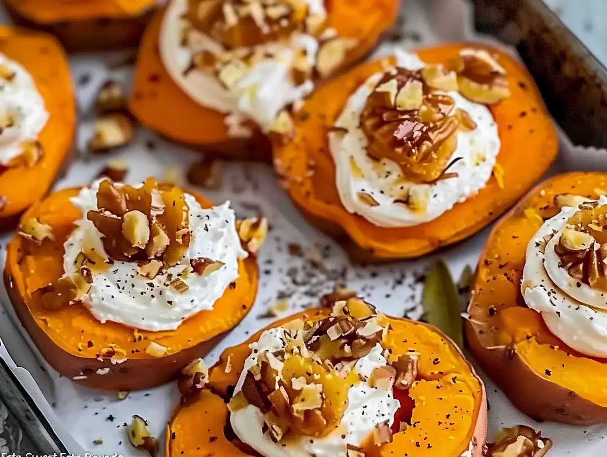 Gourmet honey feta sweet potato rounds topped with herbs and spices