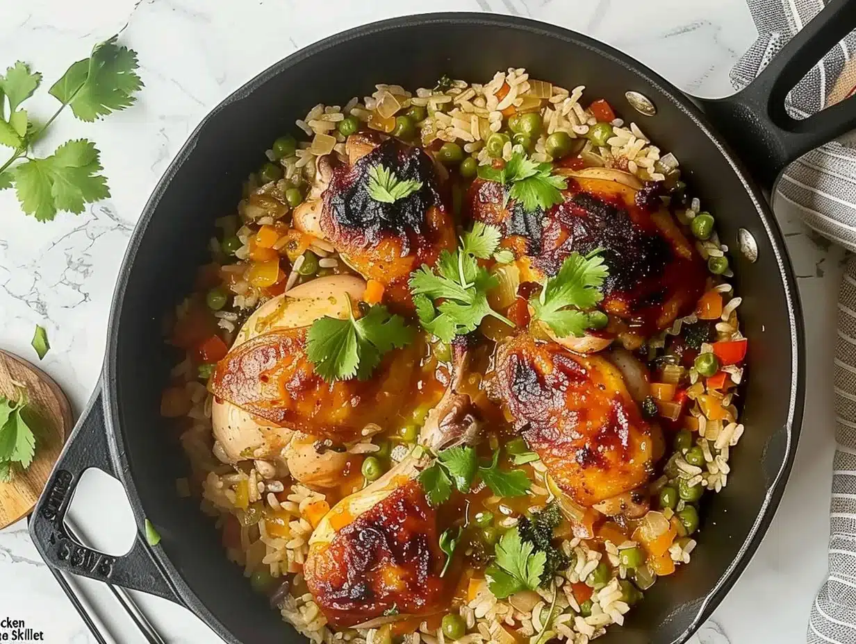 Green Sauce Chicken & Rice Skillet 1 Delicious Green Sauce Chicken served with rice in a skillet.