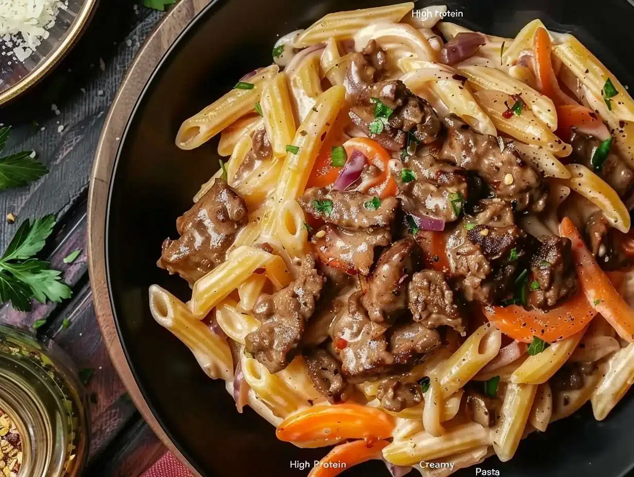 High protein creamy beef pasta dish garnished with herbs and cheese.