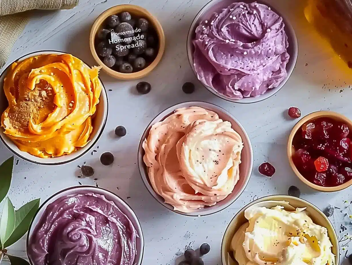 Variety of homemade butter spreads in small bowls on a wooden table