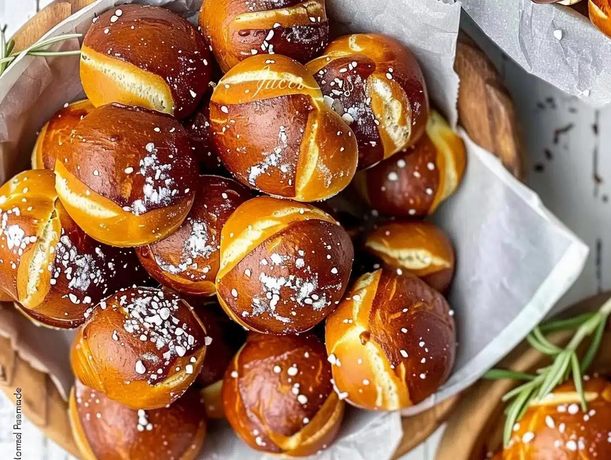 Freshly baked homemade pretzel bites served with mustard dip