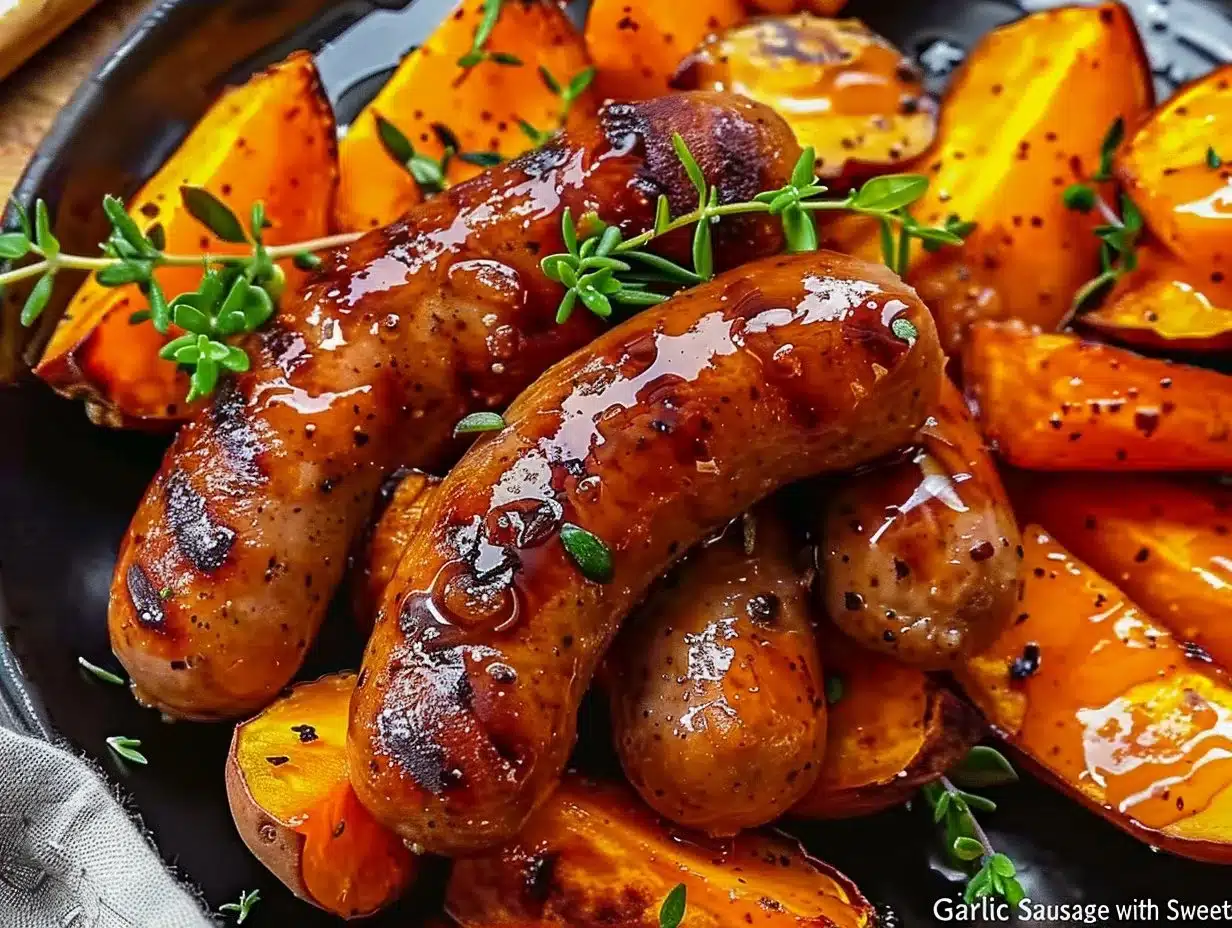 Honey Garlic Sausage with Sweet Potatoes 1 Honey Garlic Sausage served with roasted sweet potatoes dish