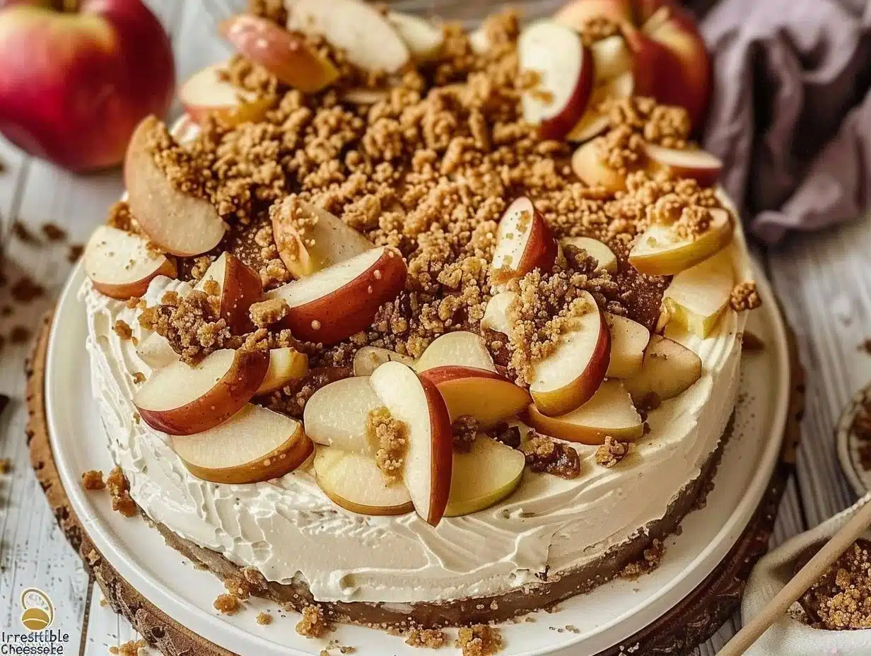 Irresistible Apple Crumble Cheesecake 1 Delicious apple crumble cheesecake topped with golden crumbly topping and apple slices