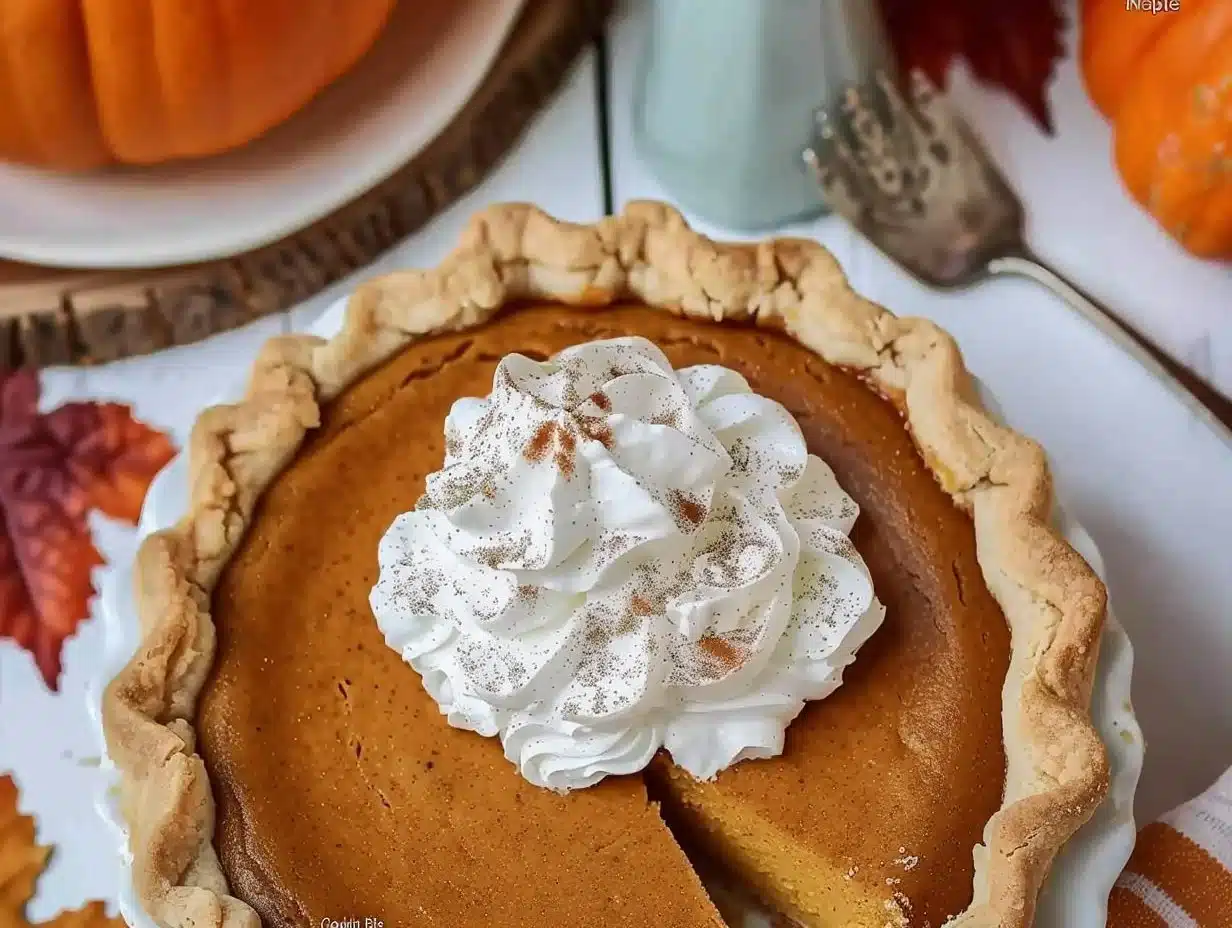 Delicious Maple Cookie Pumpkin Pie topped with maple syrup and spices