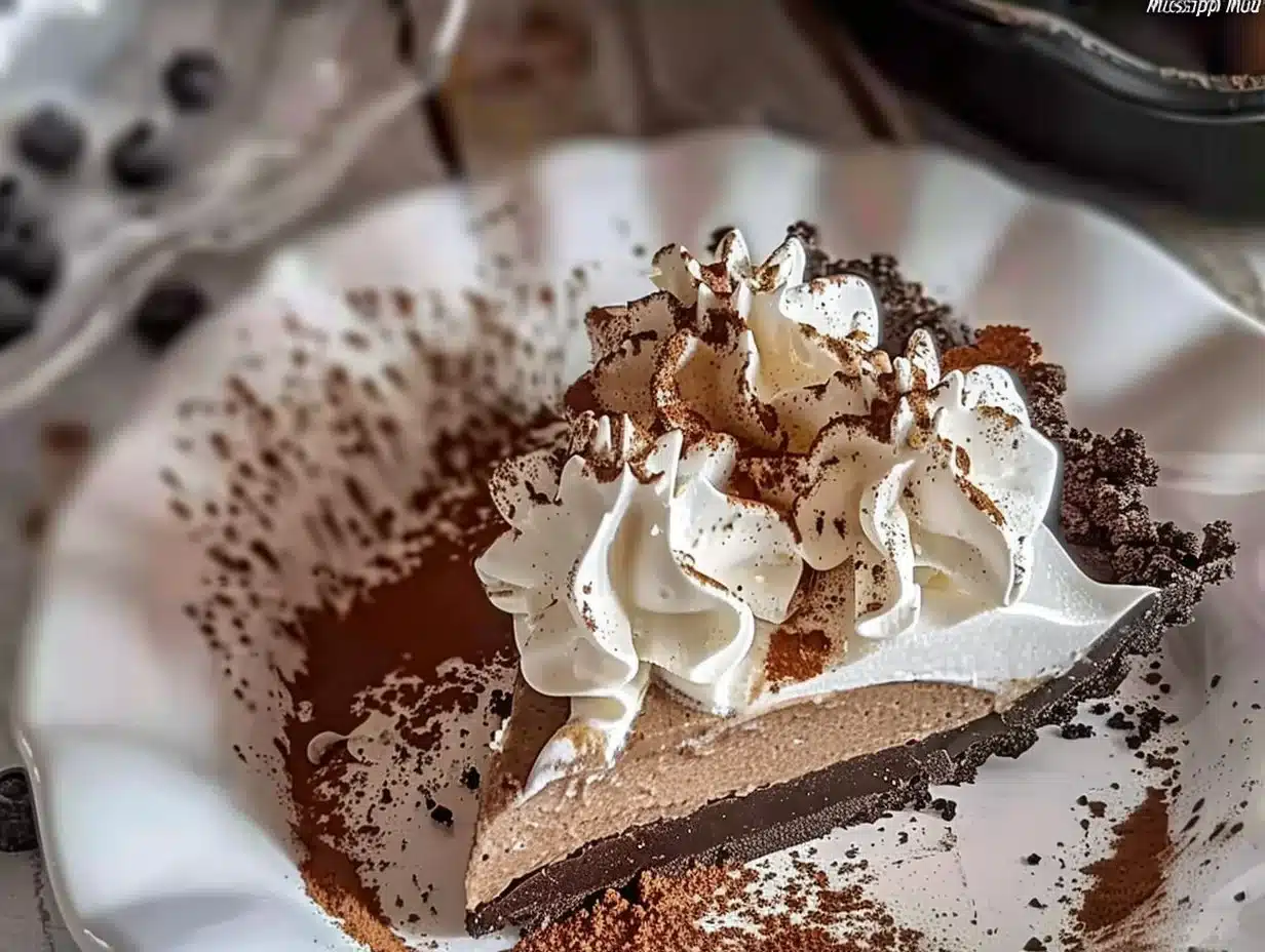 Delicious slice of Mississippi Mud Pie topped with chocolate and whipped cream