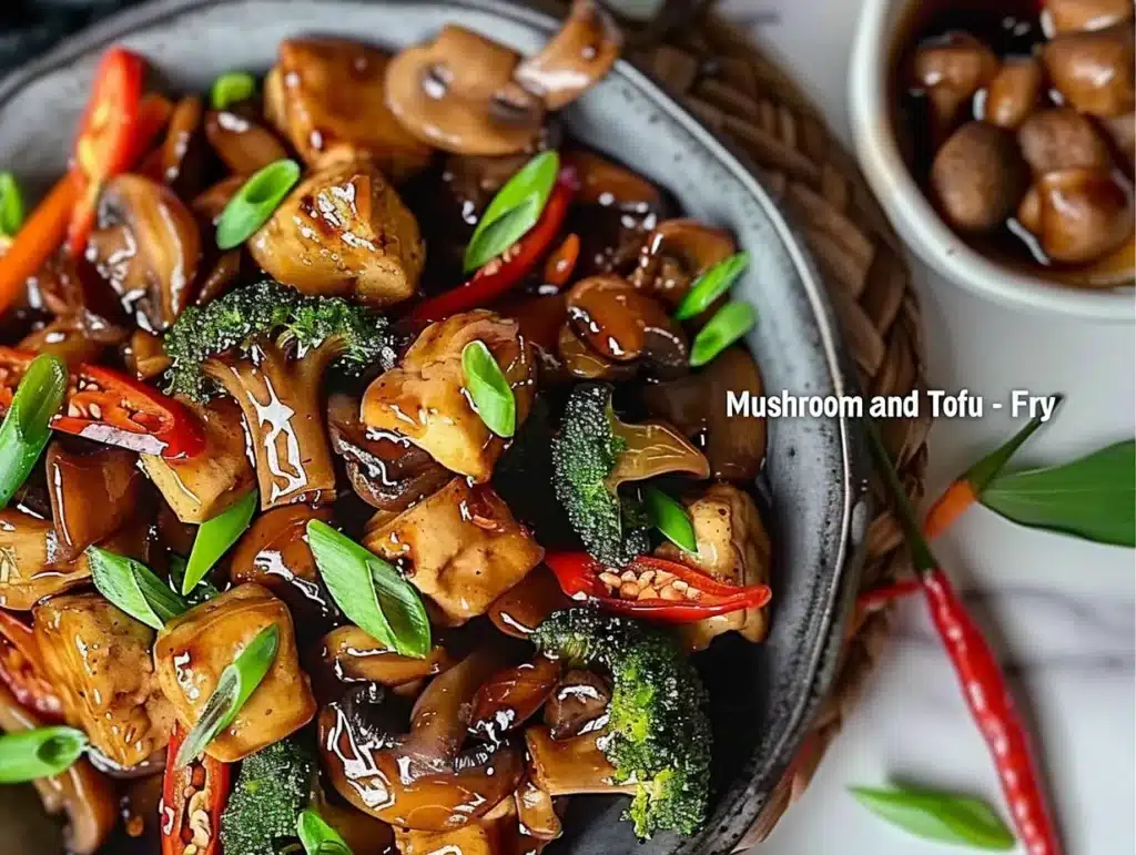 Mushroom and Tofu Stir-Fry with colorful vegetables in a bowl