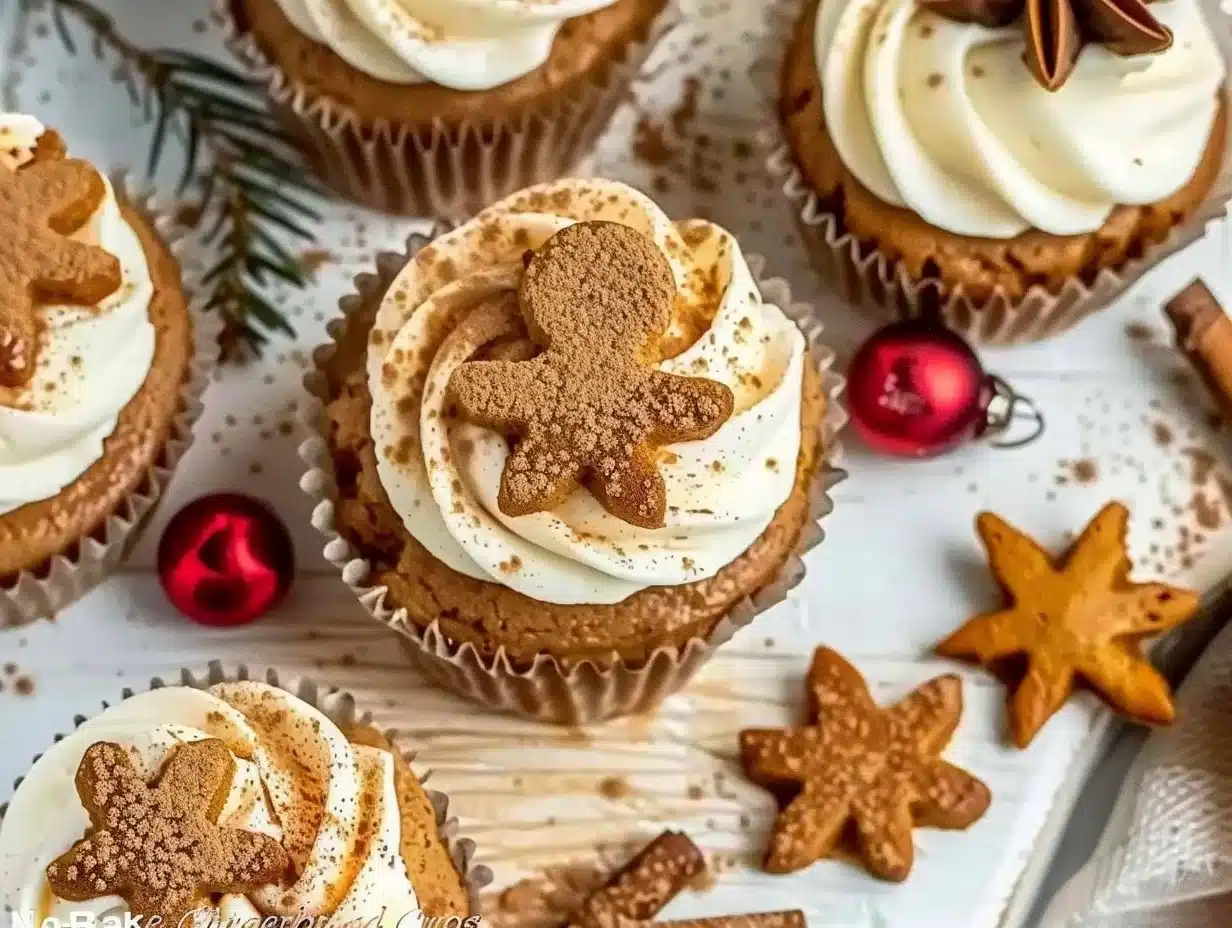 No-bake gingerbread cheesecake cups topped with whipped cream and gingerbread crumbs