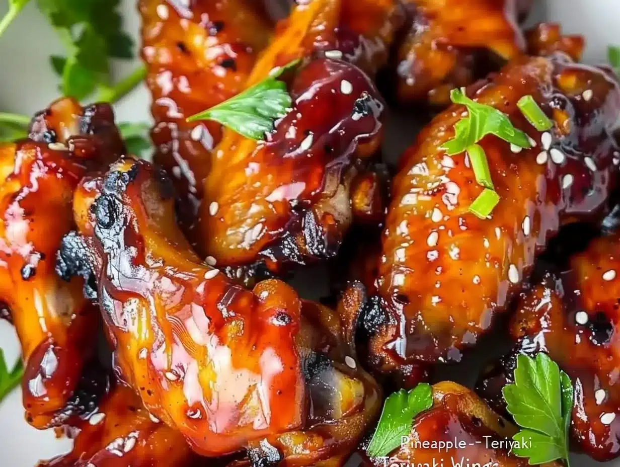 Pineapple-Teriyaki Wings served with fresh herbs and garnishes.